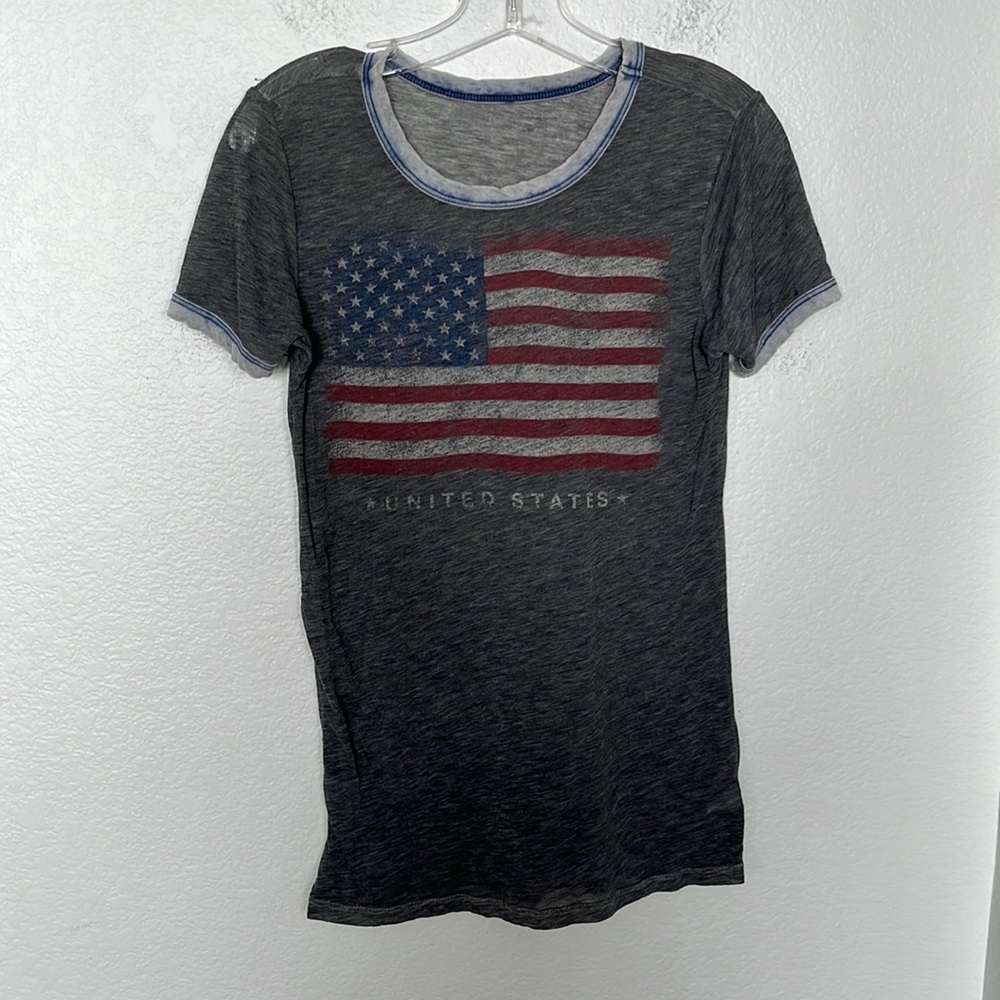 🇺🇸AMERICAN FLAG T-SHIRT/SWM SUIT COVER DISTRESSED SEE THRU SZ S GREAT COND.